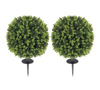 HOMCOM Set of 2 40 cm Artificial Boxwood Topiary Ball Bush UV Resistant | Integrated Ground Stake, Eucalyptus Leaves, Indoor Outdoor Faux Greenery, Faux Plants for Garden, Porch, Balcony