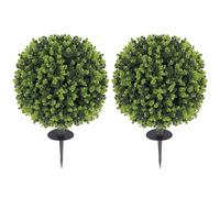 HOMCOM Set of 2 40 cm Artificial Boxwood Topiary Ball Bush with Integrated Ground Stake, Indoor Outdoor UV Resistant Faux Greenery, Faux Plants for Garden, Porch, Balcony
