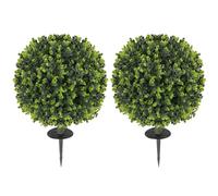 HOMCOM Set of 2 40 cm Artificial Boxwood Topiary Ball Bush with Integrated Ground Stake, Indoor Outdoor UV Resistant Faux Greenery, Faux Plants for Garden, Porch, Balcony