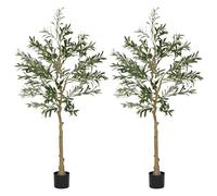 HOMCOM Set of 2 5ft/ 150cm Decorative Artificial Plant, Silk Olive Tree with 720 Leaves and 32 Olive Fruits in Pot, Fake Plant for Home, Office, Living Room, Indoor Decor