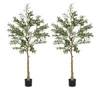 HOMCOM Set of 2 5ft/ 150cm Decorative Artificial Plant, Silk Olive Tree with 720 Leaves and 32 Olive Fruits in Pot, Fake Plant for Home, Office, Living Room, Indoor Decor