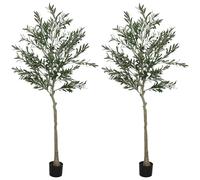 HOMCOM Set of 2 6ft/ 180cm Decorative Artificial Plant, Silk Olive Tree with 900 Leaves and 40 Olive Fruits in Pot, Fake Plant for Home, Office, Living Room, Indoor Decor