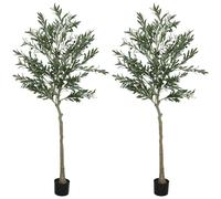 HOMCOM Set of 2 6ft/ 180cm Decorative Artificial Plant, Silk Olive Tree with 900 Leaves and 40 Olive Fruits in Pot, Fake Plant for Home, Office, Living Room, Indoor Decor Green