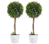 HOMCOM Set of 2 Artificial Lavender Topiary Ball Trees UV Resistant, Green | 60 cm, Decorative Fake Plants in White Pot, Faux Lavender Flowers, Indoor Outdoor Decor