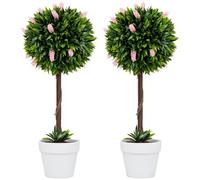 HOMCOM Set of 2 Artificial Lavender Topiary Ball Trees UV Resistant, Pink | 60 cm, Decorative Fake Plants in White Pot, Faux Lavender Flowers, Indoor Outdoor Decor