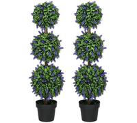 HOMCOM Set of 2 Artificial Lavender Topiary Ball Trees UV Resistant, Purple | 110 cm, Double Ball Fake Plants in Pot, Faux Lavender Flowers, Indoor Outdoor