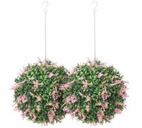 HOMCOM Set of 2 Artificial Plant Topiary Balls, UV-protected Fake Decorative Plants, Faux Plants for Home Indoor Outdoor Decor, 27cm, Pink