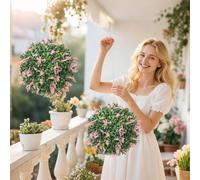 HOMCOM Set of 2 Artificial Plant Topiary Balls, UV-protected Fake Decorative Plants, Faux Plants for Home Indoor Outdoor Decor, 27cm, Pink