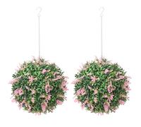 HOMCOM Set of 2 Artificial Plant Topiary Balls, UV-protected Fake Decorative Plants, Faux Plants for Home Indoor Outdoor Decor, 27cm, Pink