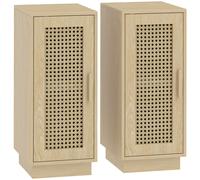 HOMCOM Set of 2 Bedside Tables with Rattan-Decor Doors, Boho Slim Nightstands with Adjustable Shelf, Natural Wood Finish