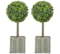 HOMCOM Set of 2 Decorative Artificial Plants 50cm Faux Boxwood Balls Green | Topiary, Woven Plastic Pot and Pebbles, Fake Plants, Home or Office Decor