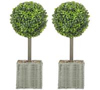 HOMCOM Set of 2 Decorative Artificial Plants, 50cm Faux Boxwood Topiary Balls with Woven Plastic Pot and Pebbles, Fake Plants for Home or Office Decor, Green