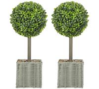 HOMCOM Set of 2 Decorative Artificial Plants, 50cm Faux Boxwood Topiary Balls with Woven Plastic Pot and Pebbles, Fake Plants for Home or Office Decor, Green