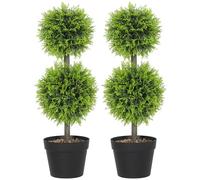 HOMCOM Set of 2 Decorative Artificial Plants, 60cm Faux Topiary Cypress Ball Trees with Plastic Pot and Pebbles, Fake Plants for Home Office Decor, Green