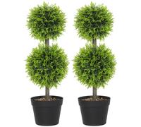 HOMCOM Set of 2 Decorative Artificial Plants, 60cm Faux Topiary Cypress Ball Trees with Plastic Pot and Pebbles, Fake Plants for Home Office Decor, Green