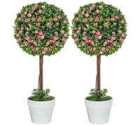 HOMCOM Set of 2 Decorative Artificial Plants, Ball Topiary Tree with Rose Flower in Pot, Fake Plants for Home Indoor Outdoor Decor, 60cm, Pink