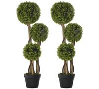 HOMCOM Set of 2 Decorative Artificial Plants, Boxwood Ball Topiary Trees in Pot Fake Plants for Home, Indoor&Outdoor Decor, 90 cm, Light Green