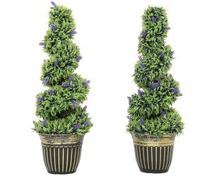 HOMCOM Set of 2 Decorative Artificial Plants, Boxwood Spiral Topiary Tree with Lavender and Pot, Fake Plants for Home Indoor Outdoor Decor, 90cm