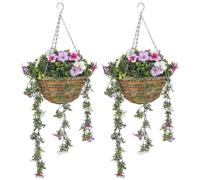 HOMCOM Set of 2 Decorative Artificial Plants, Faux Silk Azalea Flowers in Hanging Baskets, Fake Plants for Home Indoor Outdoor Decor, Pink and White