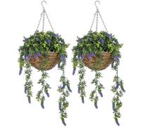HOMCOM Set of 2 Decorative Artificial Plants, Faux Silk Lavender Flowers in Hanging Baskets, Fake Plants for Home Indoor Outdoor Decor, Purple Purple