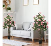 HOMCOM Set of 2 Decorative Artificial Plants Rose Trees in Pot, Pink