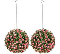 HOMCOM Set of 2 Decorative Artificial Plants Topiary Rose Balls 28cm Pink