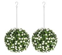 HOMCOM Set of 2 Decorative Artificial Plants Topiary Rose Balls 28cm White | UV-protected, Artificial Trees, Fake Plants, for Home, Indoor, Outdoor Decor