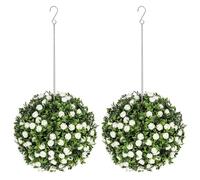 HOMCOM Set of 2 Decorative Artificial Plants, UV-protected Artificial Plant Topiary Rose Balls, Fake Plants for Home Indoor outdoor Decor, 28cm, White
