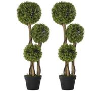 HOMCOM Set of 2 Decorative Artificial Tree Boxwood Ball Topiary Tree in Pot, Fake Plant for Home Indoor Outdoor Decor, 90 cm, Light Green