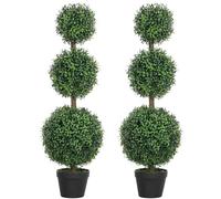 HOMCOM Set of 2 Decorative Artificial Trees, Topiary Ball-shaped Boxwood Trees in Pot, Fake Plants for Home Indoor outdoor Decor, 100cm, Green