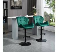Set Of 2 Luxurious Velvet-Touch Bar Stools w/ Metal Frame Footrest Base Green