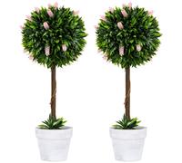 HOMCOM Set of 2 Potted Artificial Plants Ball Tree with Flowers - Pink - 60 - 24cm x 24cm x 60cm