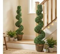 HOMCOM Set of 2 Decorative Artificial Plants Topiary Spiral Boxwood Trees in Pot, Fake Plants for Home Indoor Outdoor Decor, 120cm, Green