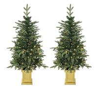 HOMCOM Set of 2 Prelit Christmas Trees with Dual-Colour LEDs, Remote, 4ft Artificial Aspen Fir Battery-Operated, 11 Modes, Pot