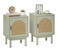 HOMCOM Set of 2 Rattan Bedside Tables, Boho Nightstands with Solid Wood Legs and Storage Cabinet for Living Room, Bedroom, Accent End Side Table, Light Green