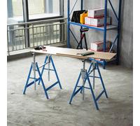 HOMCOM Set Of 2 Steel Saw Horses Telescopic Builders Work Bench Folding in Blue HOMCOM Blue