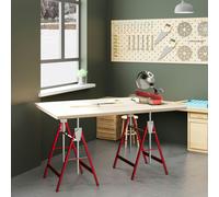 HOMCOM Set Of 2 Steel Saw Horses Telescopic Builders Work Bench - Red - 68 cm x 58 cm x 130 cm