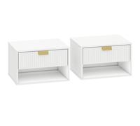 HOMCOM Set of 2 Wall Mounted Nightstands, Floating Bedside Tables with Fluted Drawer and Open Shelf for Small Bedroom, White
