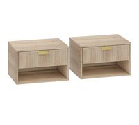 HOMCOM Set of 2 Wall Mounted Nightstands, Floating Bedside Tables with Fluted Drawer and Open Shelf for Small Bedroom, Oak