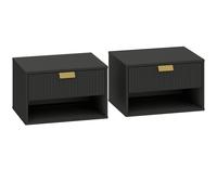 HOMCOM Set of 2 Wall Mounted Nightstands, Floating Bedside Tables with Fluted Drawer and Open Shelf for Small Bedroom, Black