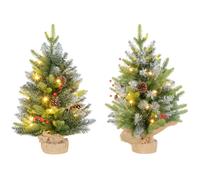 HOMCOM Set of Two 2ft Christmas Trees, with Lights, Berries and Pinecones