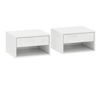 HOMCOM Set of Two Floating Bedside Tables, Wall Mounted Nightstand with Drawer and Open Shelf, High Gloss White