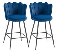 HOMCOM Set of Two Velvet-Feel Lotus Bar Stools - Dark Blue