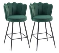 HOMCOM Set of Two Velvet-Feel Lotus Bar Stools - Dark Green
