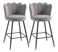 HOMCOM Set of Two Velvet-Feel Lotus Bar Stools - Grey