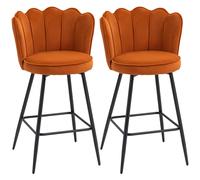HOMCOM Set of Two Velvet-Feel Lotus Bar Stools - Orange