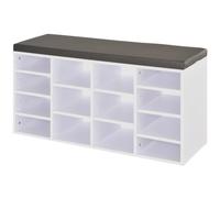 HOMCOM Shoe Bench with 14 Open Compartments, Padded Seat, White | Shoe Stoarge Rack with Adjustable Shelves, Living Room, Hallway, Home Office Tidy Organisation, Boots, Trainers, Solid Frame