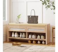 Homcom Shoe Bench With 2 Rattan Drawers Cushion Oak Wood Effect