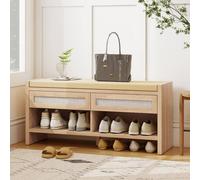 HOMCOM Shoe Bench with 2 Rattan Drawers Cushion Oak Wood Effect