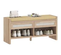 Homcom Shoe Bench With 2 Rattan Drawers Cushion Oak Wood Effect In Light Oak Light Oak